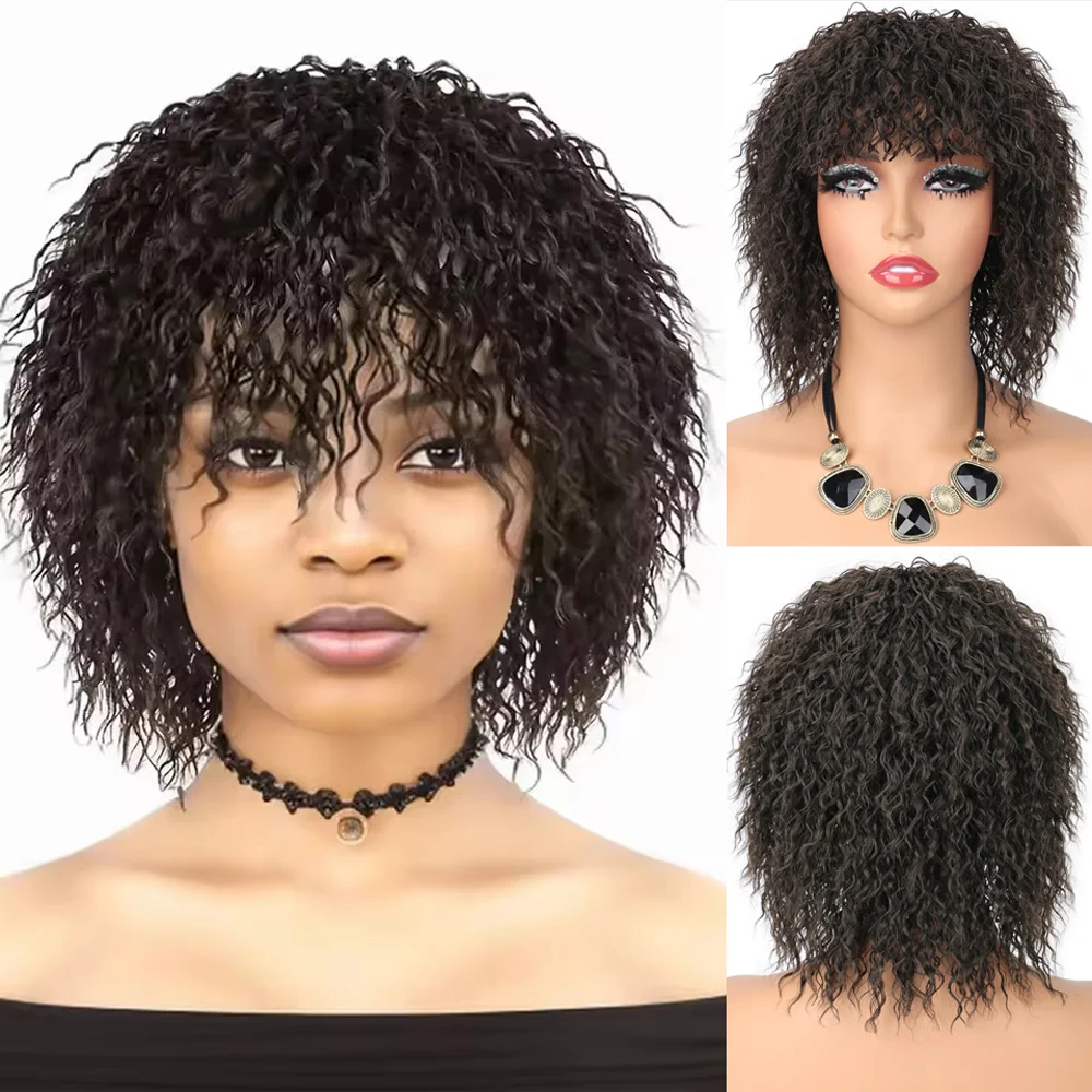 

Синтетические короткие вьющиеся парики в стиле панк для чернокожих женщин, пушистые парики из волос с челкой, повседневный костюм для косплея, термостойкое волокно