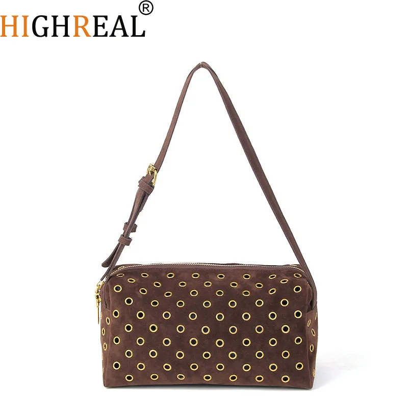 

Новая высококачественная роскошная сумка на плечо в литературном стиле, лимитация замши, текстура, сумка на плечо с заклепками, полая сумка для работы, поездок на работу и свиданий