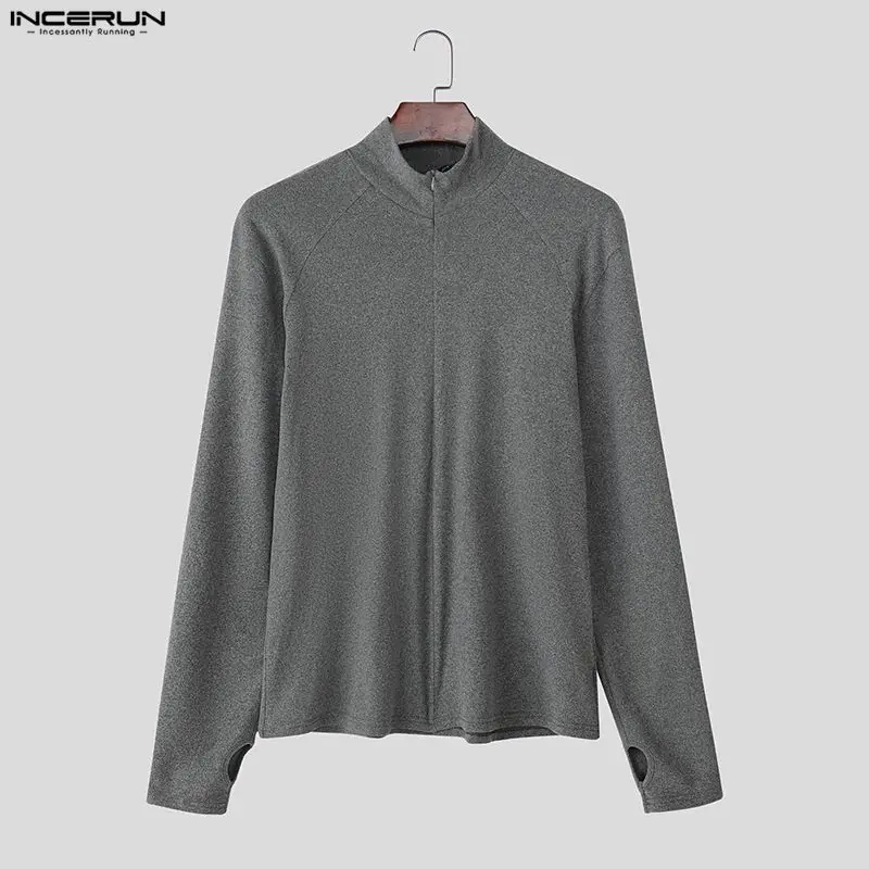 

INCERUN Мужская футболка на молнии с длинным рукавом Водолазка с длинным рукавом Мужские футболки Уличная одежда в корейском стиле Модная повседневная мужская одежда