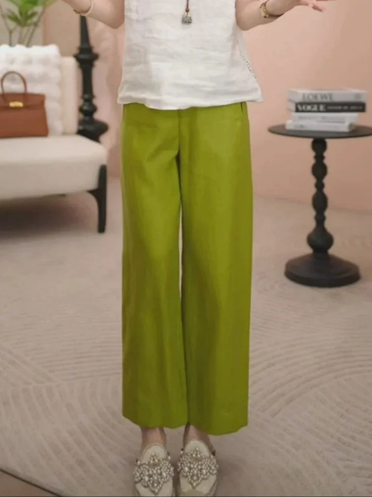 High Waist Slimming Casual Pants Green Lyocell Linen Balloon Pants Women Thin Model 2026 Summer Trendy Commute Style Straight...
