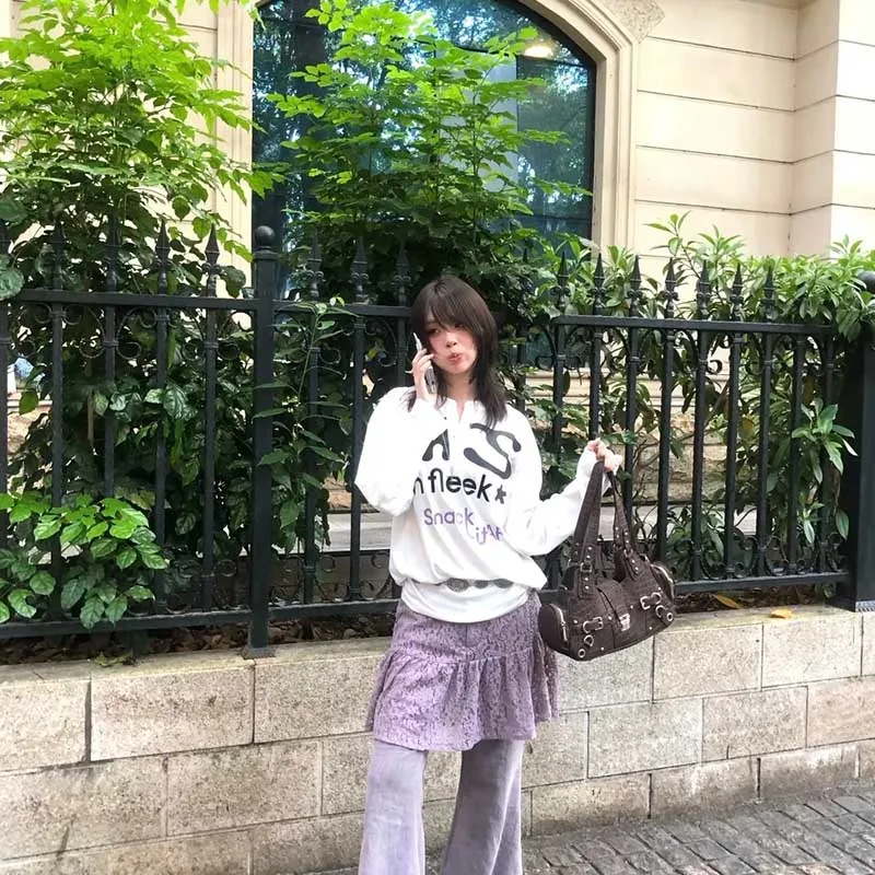 Harajuku تي شيرت مطبوع المرأة كم طويل فضفاض بلايز عادية Y2k خمر الجرونج القمم اليابانية 2000s الشارع الشهير بلايز