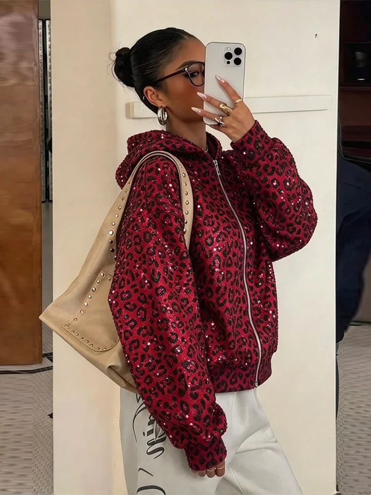Womens Burgundy Leopard Sequin Hoodie Long Sleeve Glitter Zip Cozy Pockets Jacket Autumn Winter Party Club Streetwear Outerwear