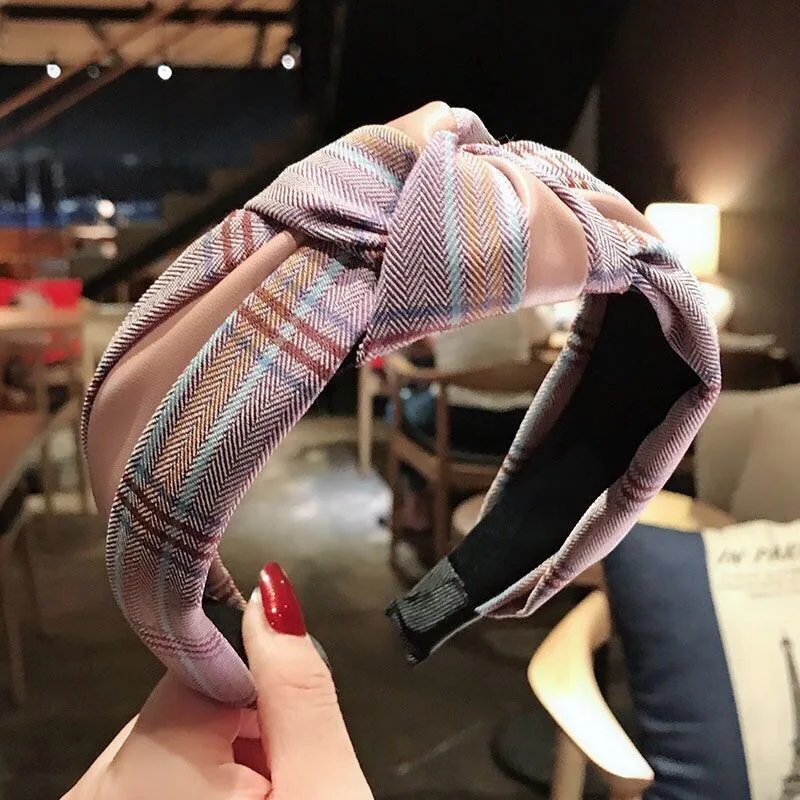 Knotted Wide Headband PU and Plaid Cloth Patchwork Hairband Hairclip Hair Accessories