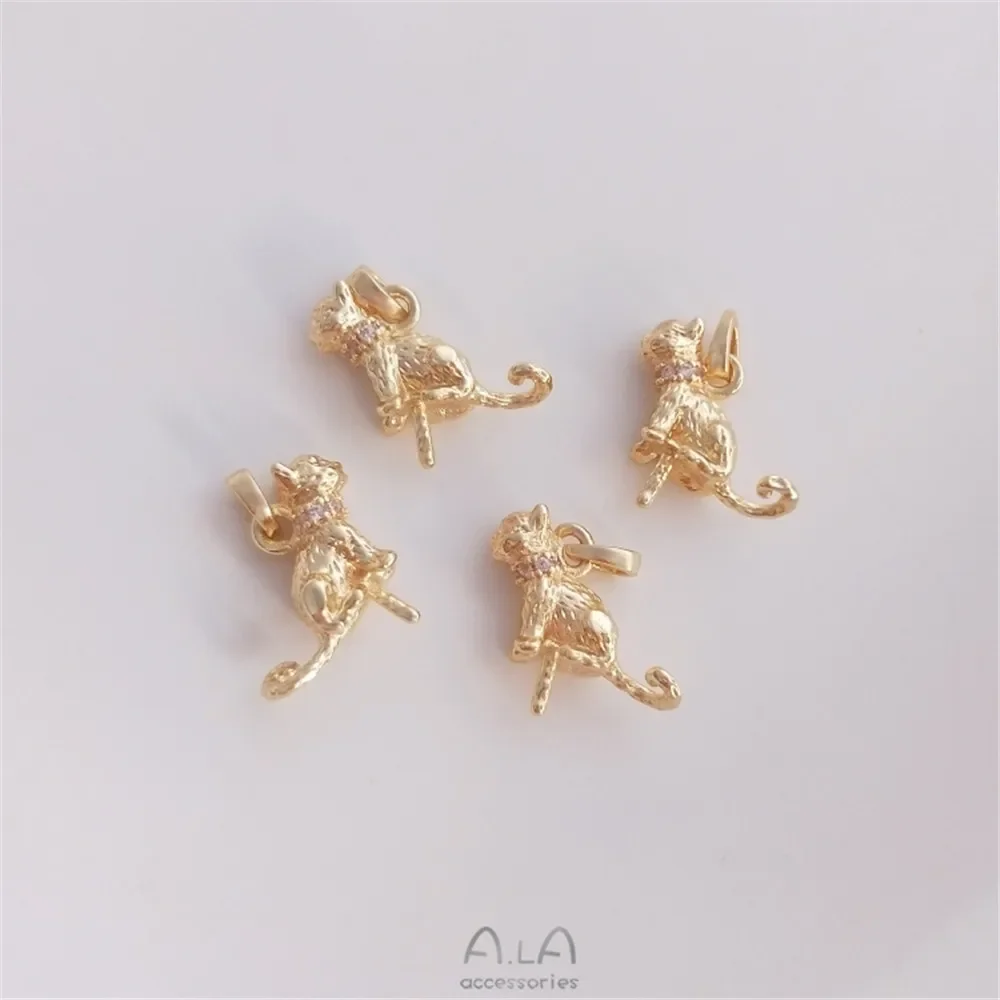 14K gold bag color preserving inlaid zircon lovely cat half hole pearl needle pendant DIY sticky Crystal Pearl Pendant