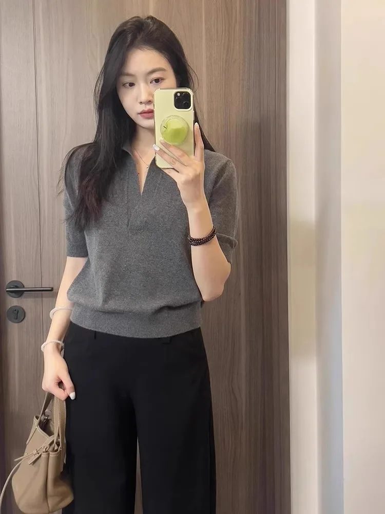 Gray Knitted Short Sleeve T-Shirt Women's Fashionable Small Size Summer Top Shoulder Width Regular Sleeve Length Henry Collar