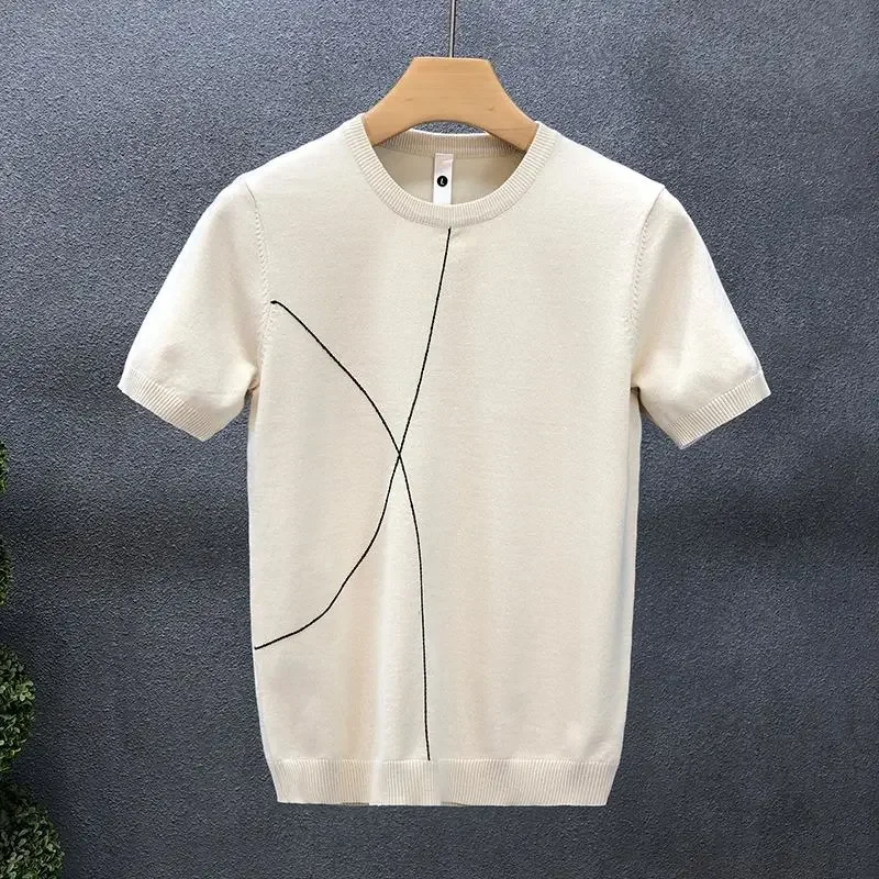 Men's Minimalist Line Knit Short Sleeve Shirt Ice Silk Breathable Casual T-Shirt