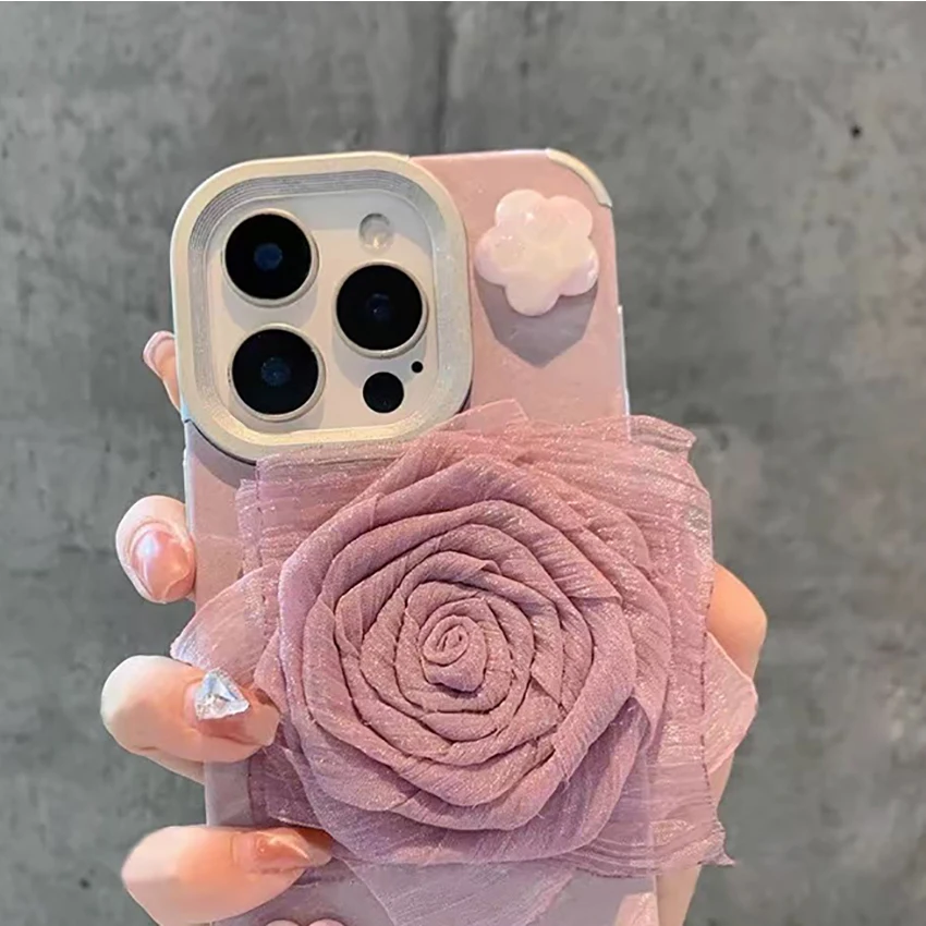 패브릭 로즈 폰 케이스 아이폰 16 15 14 13 프로 12 11 맥스 16프로맥스 스테레오 장식 폰 케이스 우아한 15프로 커버 하드 쉘