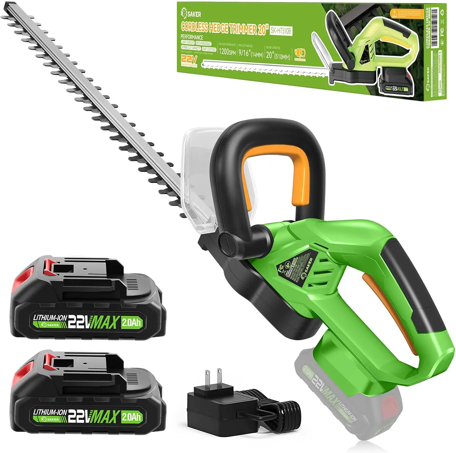 20-Inch 22V Cordless Hedge Trimmer, Lightweight Bush and Shrub Clippers with Dual-Action Blades, Includes 2 Batteries and Charger