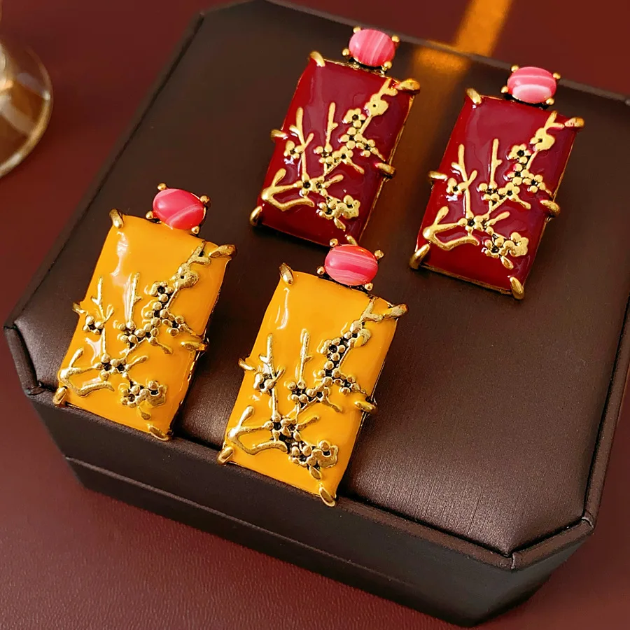 Ethnic Enamel Flower Drop Earrings for Women Red Yellow Geometric Square Earrings Branch Plum Bossom Earrings Dangle Jewelry K