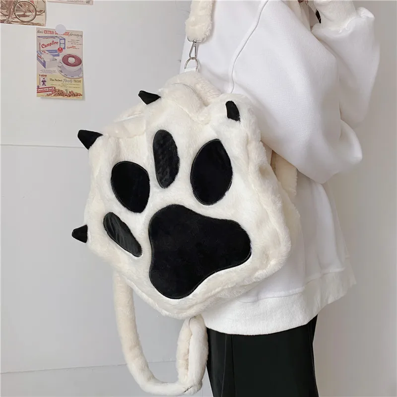 Cute Cat Paw Plush Backpack with Adjustable Straps Kawaii Bag with Zipper Cartoon Backpack for Women Students Backpack Plush Bag