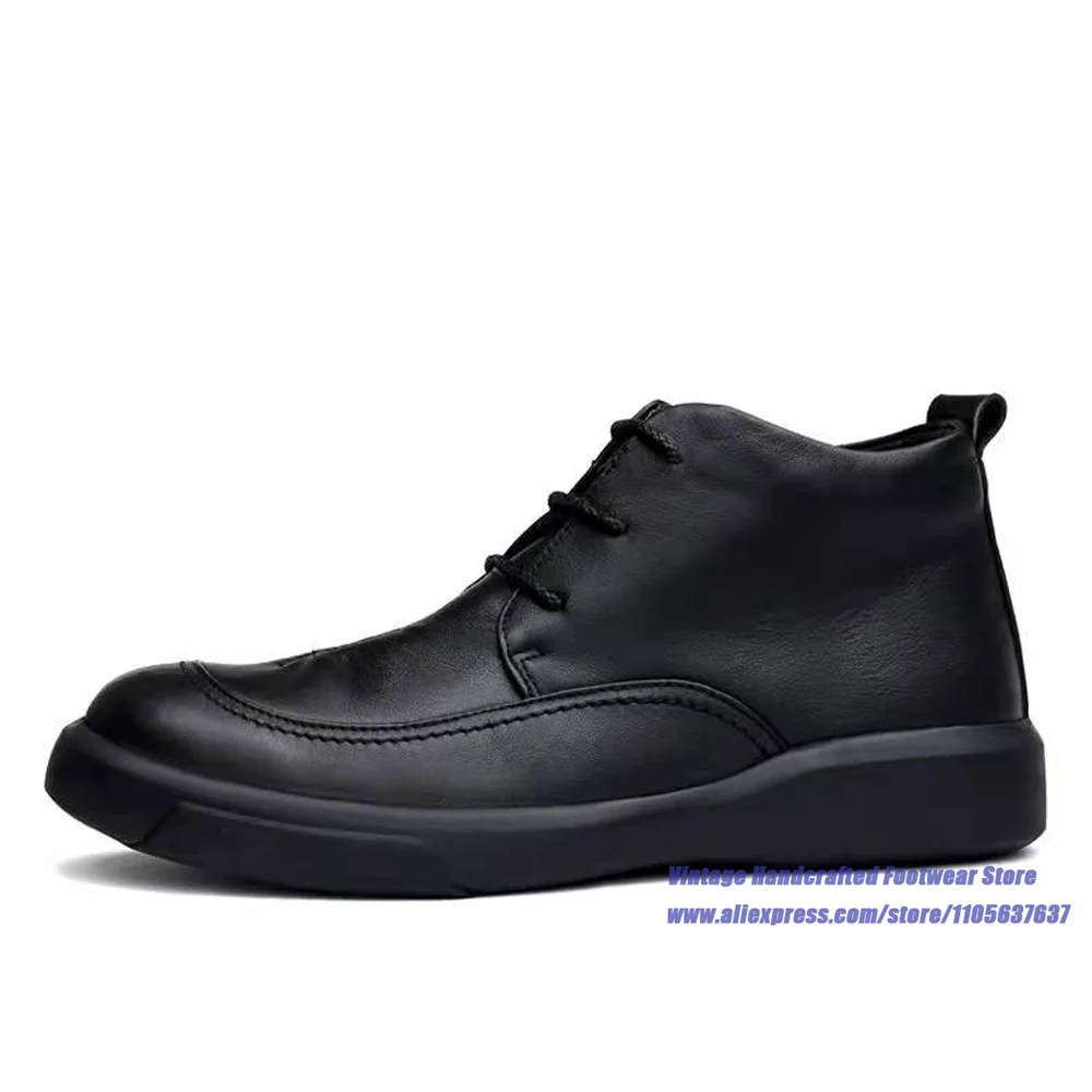 Men's Black Leather Lace-Up Shoes Thick-Soled Casual Shoes Height Increasing Casual Shoes Vintage Handcrafted Men's Shoes