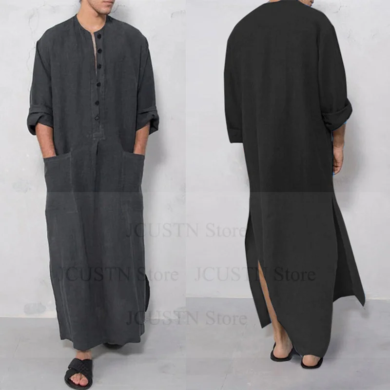 ビッグサイズ 3XL 4XL 5XL ムスリムローブ メンズ 無地 長袖 ポケット付きローブ メンズ サウジアラビア アバヤ ドレス ムスリム カフタン 男性用