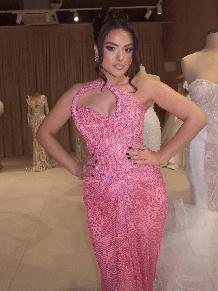 PB Eleganti abiti da sera in rete di cristallo rosa – Abito lungo aderente con taglio asimmetrico e spacco alto per feste, palcoscenici e balli di fine anno