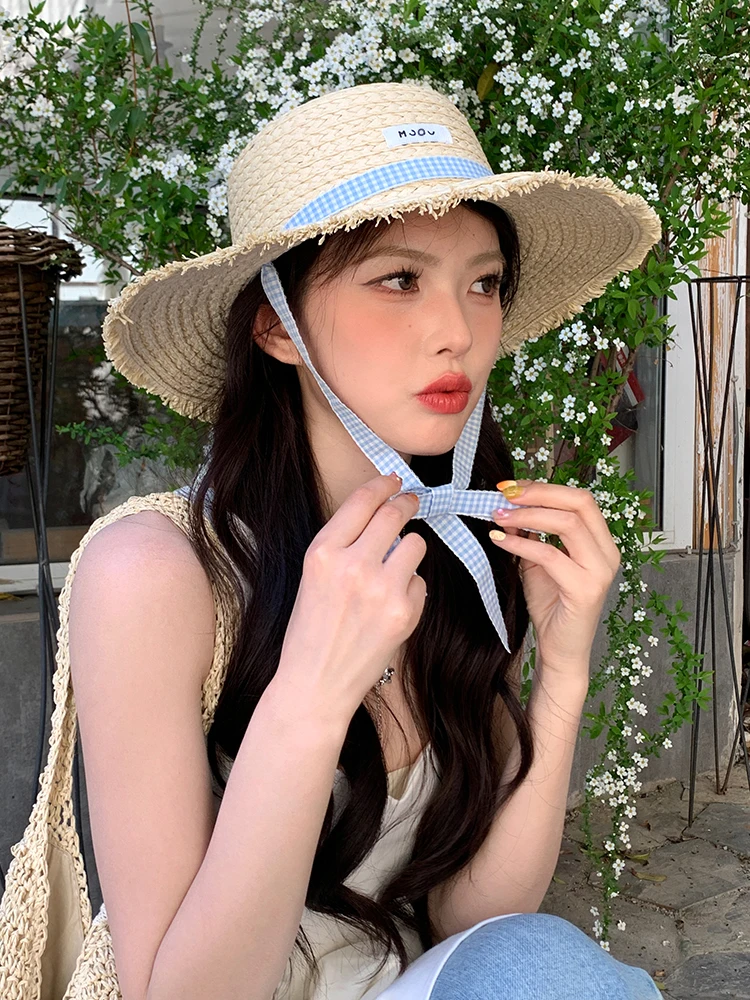 Summer Beach Vacation Women's Straw Hat with Ribbon Tie Flat Top Large Brim Sunshade Beach Hat Sweet Cute Style Teenager Suit...