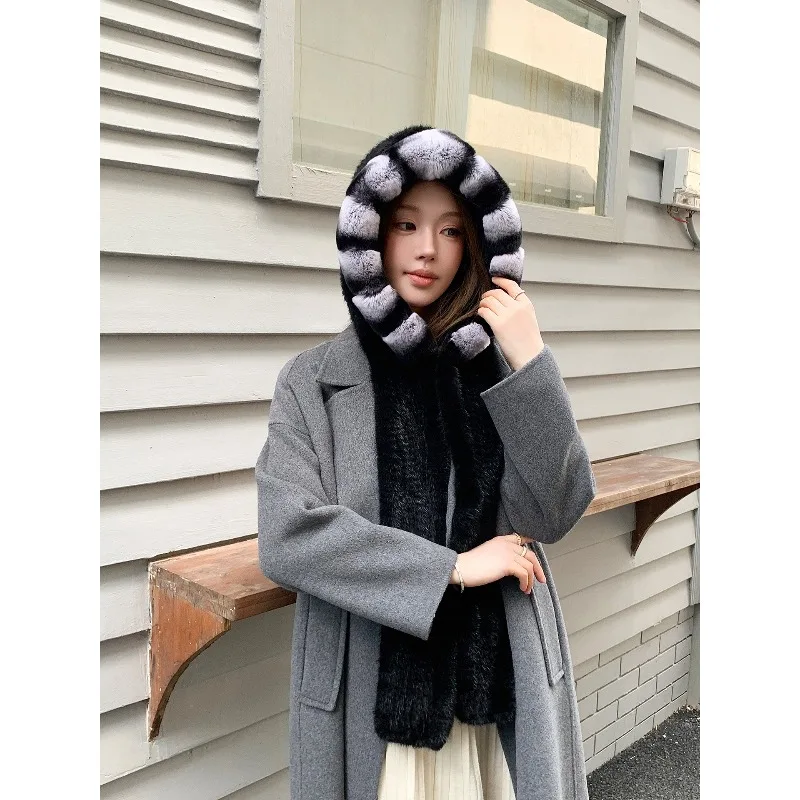 Luxury mink hair woven snow hat versatile fur scarf hat integrated warm face mink hat women