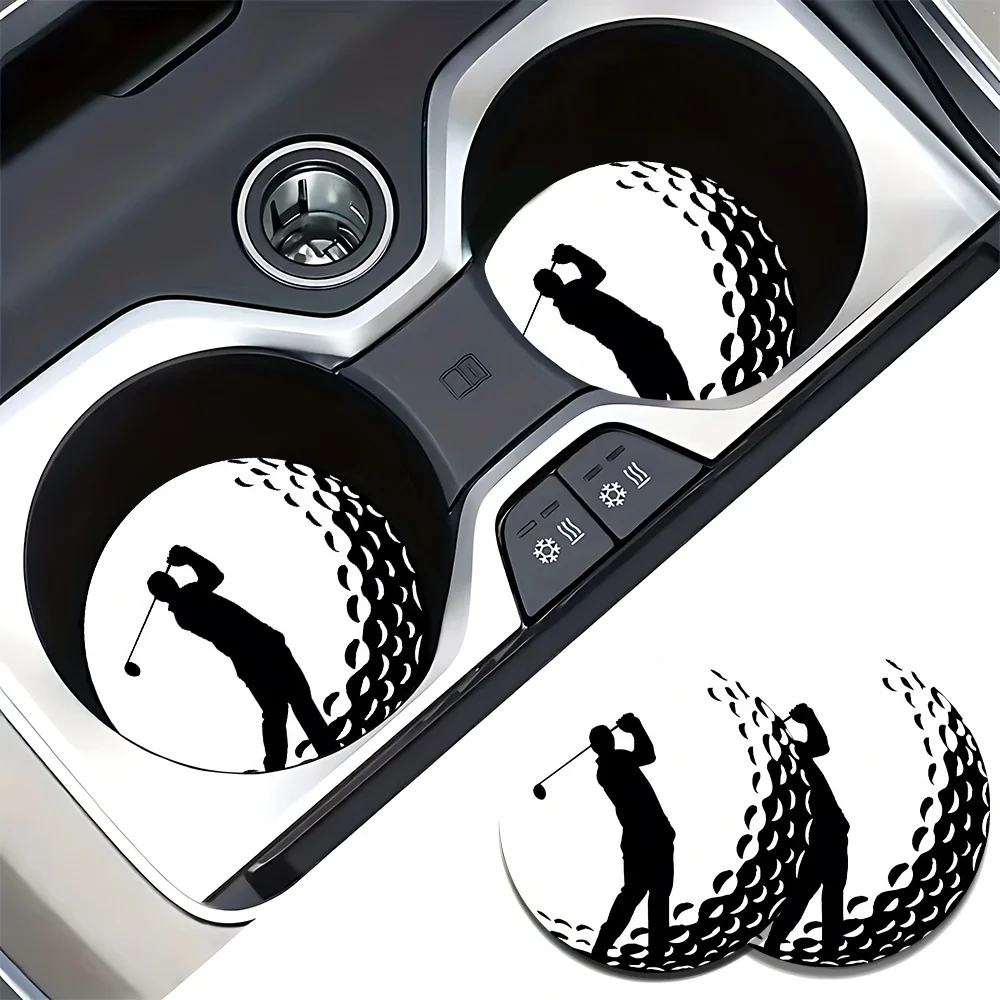 2pcs Golf-Themed Car Cup Holder Coasters - Non-Slip Absorbent Suitable For For Car Ashtrays, Golf Course With Golfer Patterns, F