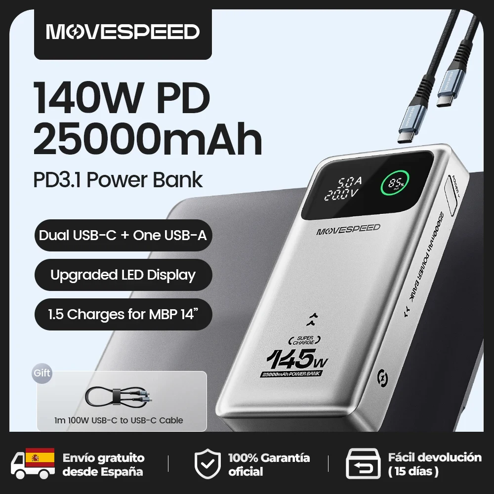 MOVESPEED M25Pro 140W banco de energía 25000mAh PD3.1 carga rápida batería externa portátil 100W Powerbank para MacBook Notebook portátil