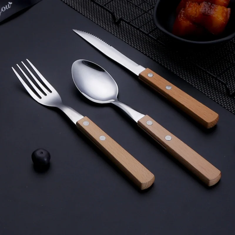 Western Food/Steak Tableware Knife, Fork and Spoon Wooden Handle Household Hotel Tableware Three-Piece Set Stainless Steel