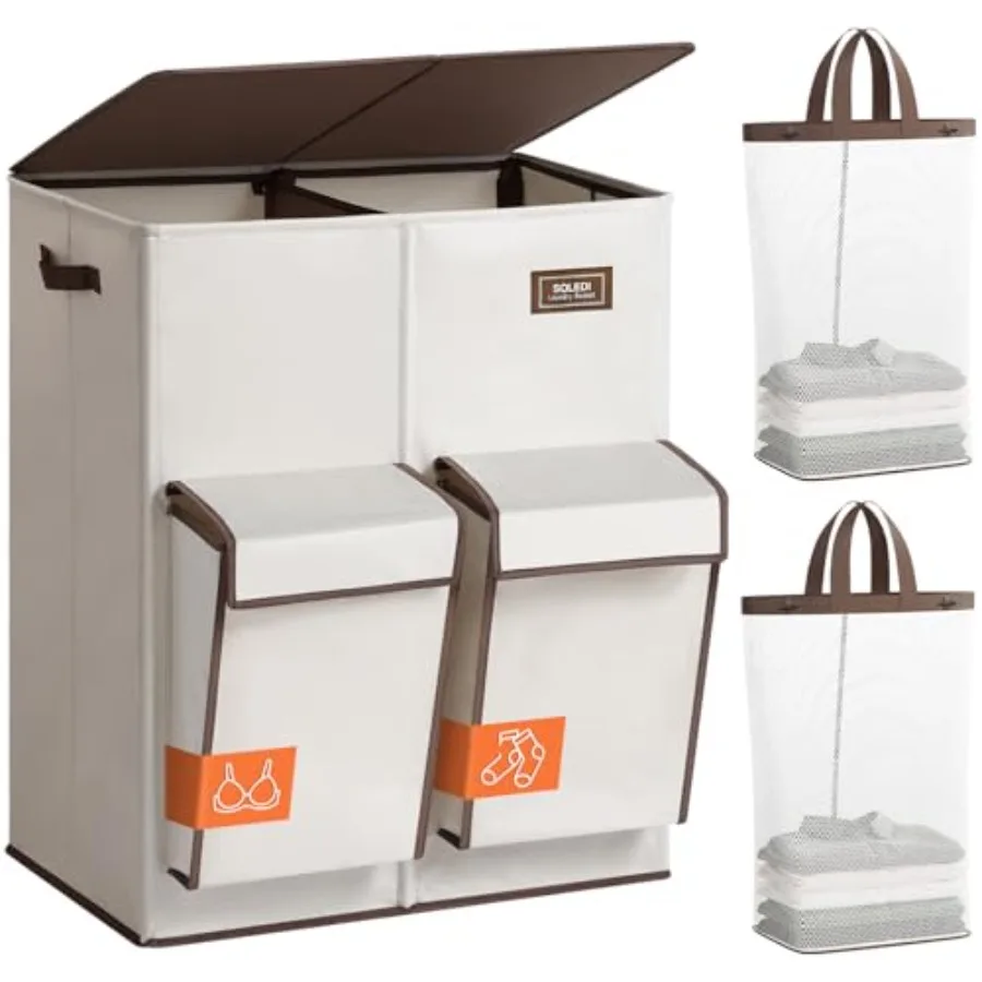 

Двойная корзина для белья с крышкой, 180 л (47,8 галлонов), большая корзина для грязного белья с 2 секциями и 2 боковыми карманами, с выдвижным поддоном