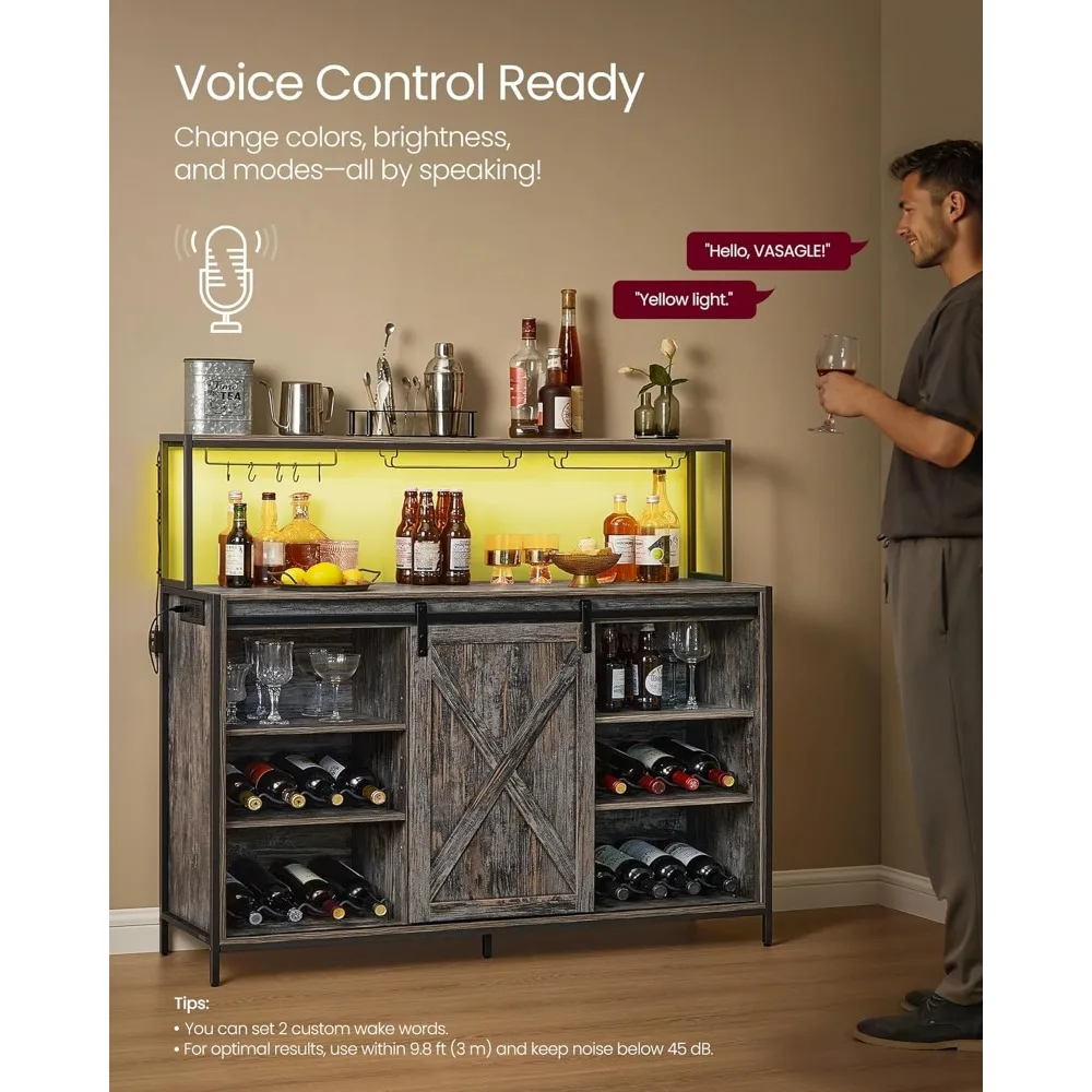 خزانة بار القهوة مع مخرج طاقة وإضاءة LED للتحكم الصوتي، وخزانة بوفيه مع أبواب الحظيرة المنزلقة، وخطافات S، والنبيذ #5