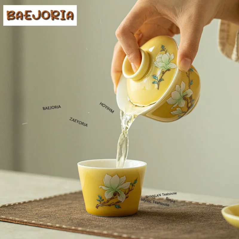 120ml Overglaze Color Magnolia Gaiwan Elegant Tea Tureen Tea Bowl With Lid Kit Tea Brewing Cover Bowl Teaset Collection Craft