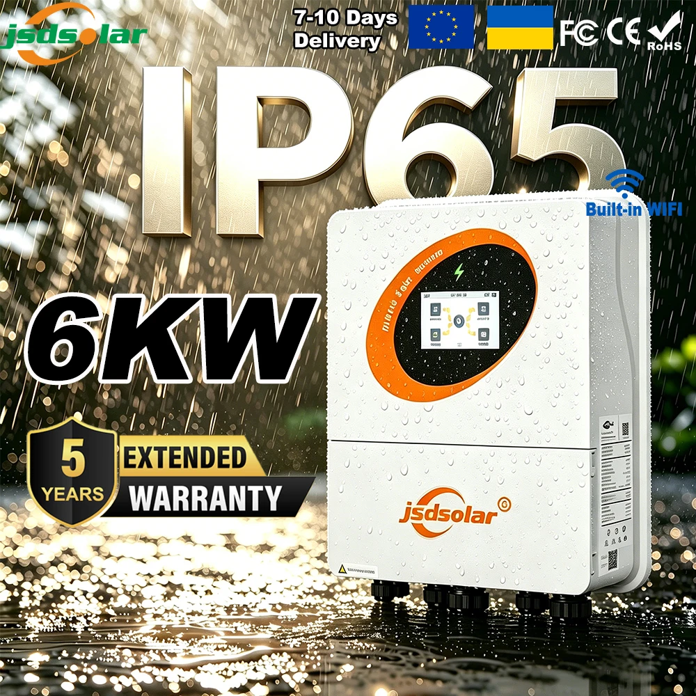 Jsdsolar 6KW Hybrid-Solarwechselrichter mit zwei Ausgängen, 135A MPPT-Solarladegerät, parallel für 5 Einheiten, 48V, netzunabhängig, IP65, maximale PV-Eingangsleistung von 7800W, integriertes WLAN,