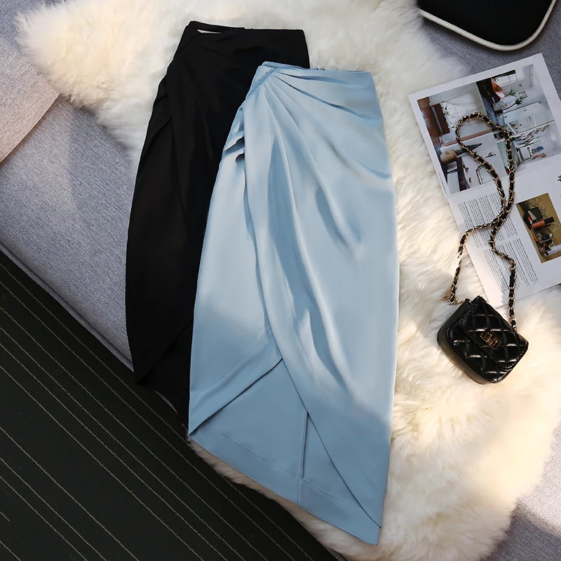 

Folds Skirts Women Asymmetrical Solid Zipper Empire Pencil Sexy Mid Length Skirt A-LINE Solid Korean Fashion Clothing Skirt