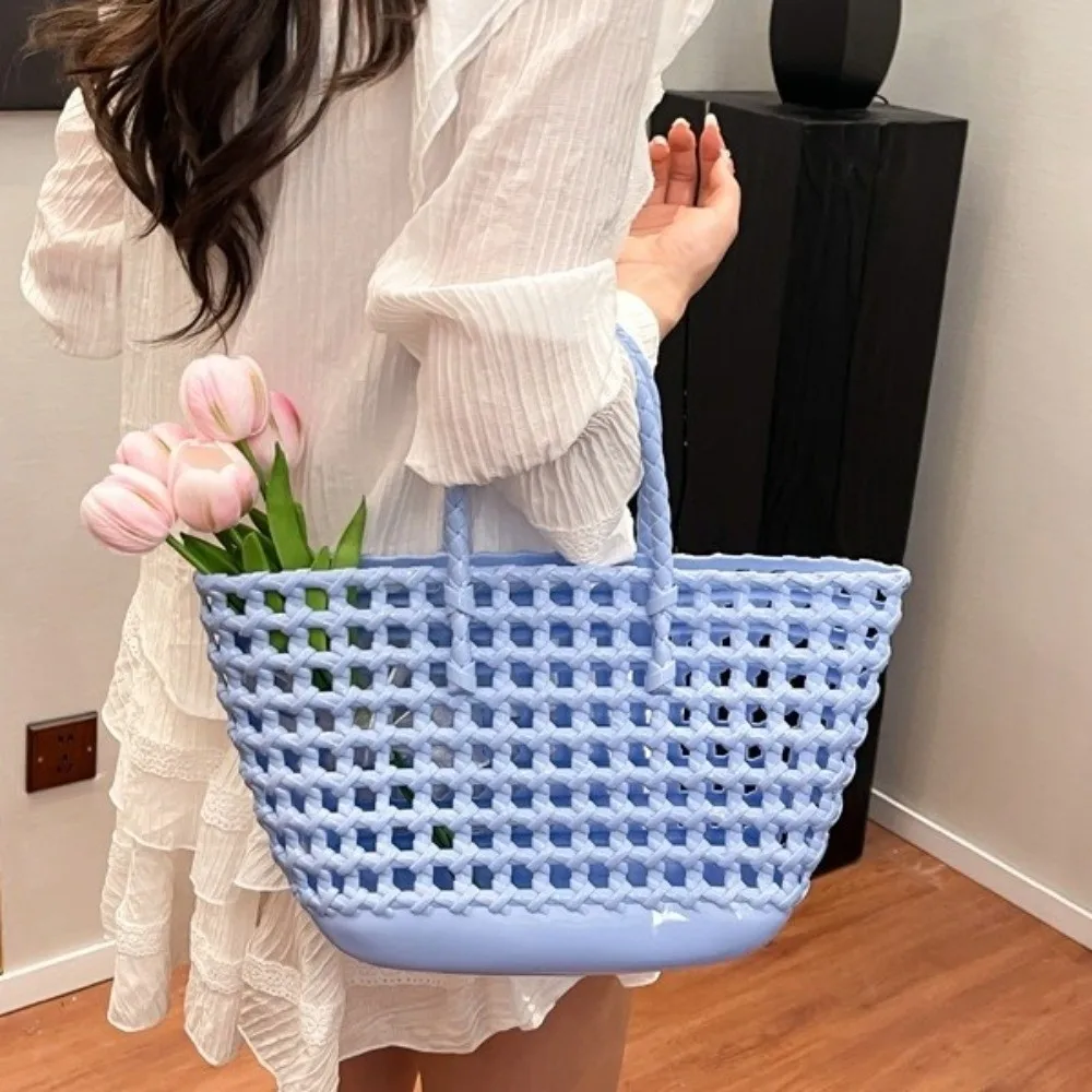 

Пляжная сумка ярких цветов с ажурным плетеным дизайном, легко чистится, портативная, вместительная, многоразовая пластиковая корзина из ПВХ для пикника