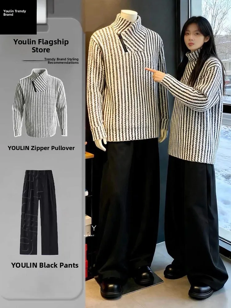 

Мужской зимний комплект: худи с косой молнией, флисовая кофта с длинным рукавом и воротником-стойкой, базовая рубашка в американском стиле с полосатым узором «рыбья кость»