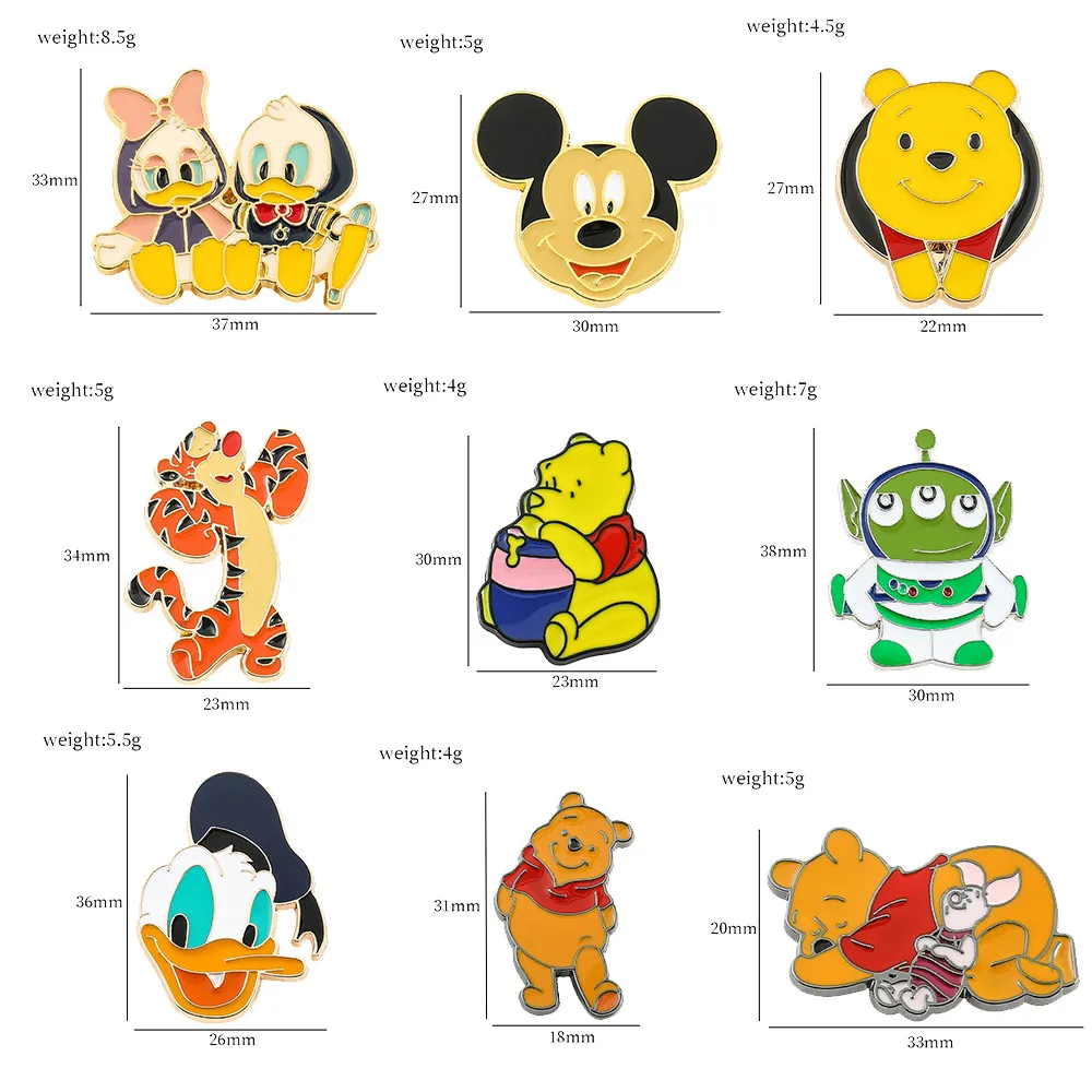 Cartoon Metal Enamel Brooch Cute Mickey Badges Winnie Pooh Bear Donald Duck Lapel Pins for Backpack Jacket Accessories