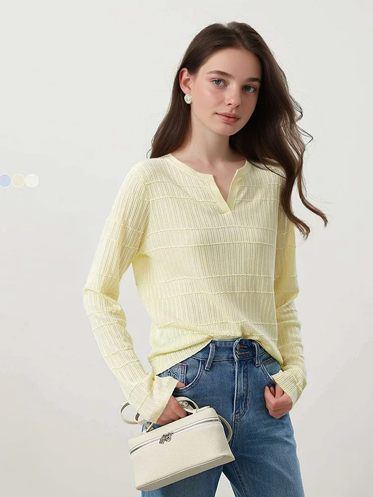 

Spring Women Lyocell Silk Sweater Scissor Collar Slim Long-sleeve Ribbed Top Elegant Knitwear
