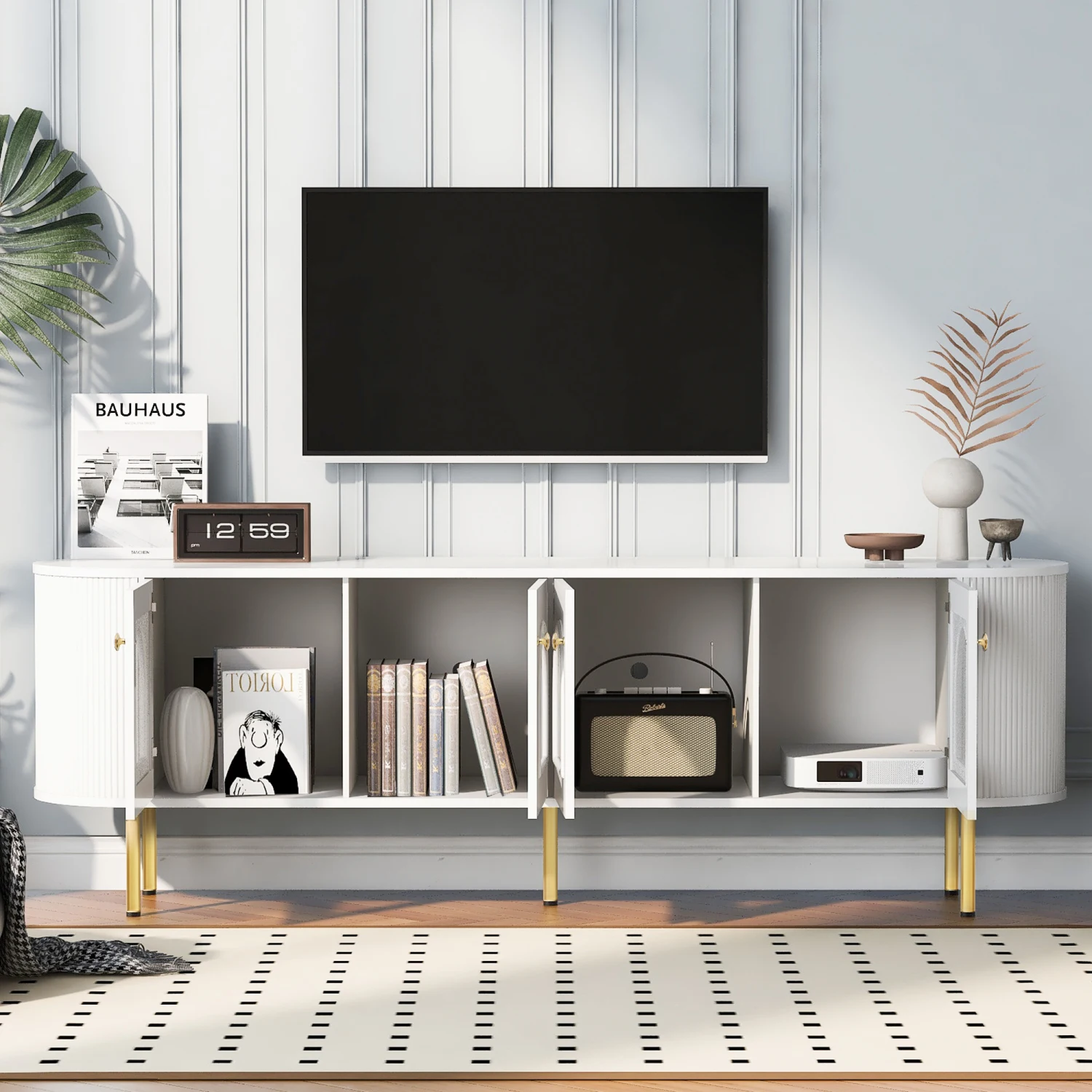 

U-Can White TV Stand for TVs up to 80 Inches, Entertainment Center with Cabinets, Wood Media Console, Metal Legs & Handles for L