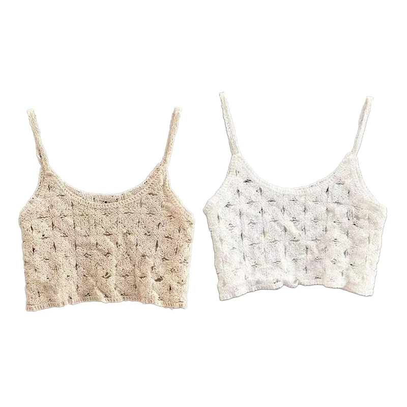 

652F Women Spring Sleeveless Cropped for Tank Top Boho Hollow Out Crochet Knit Plaid Floral Camisole Spaghetti Strap Bustier