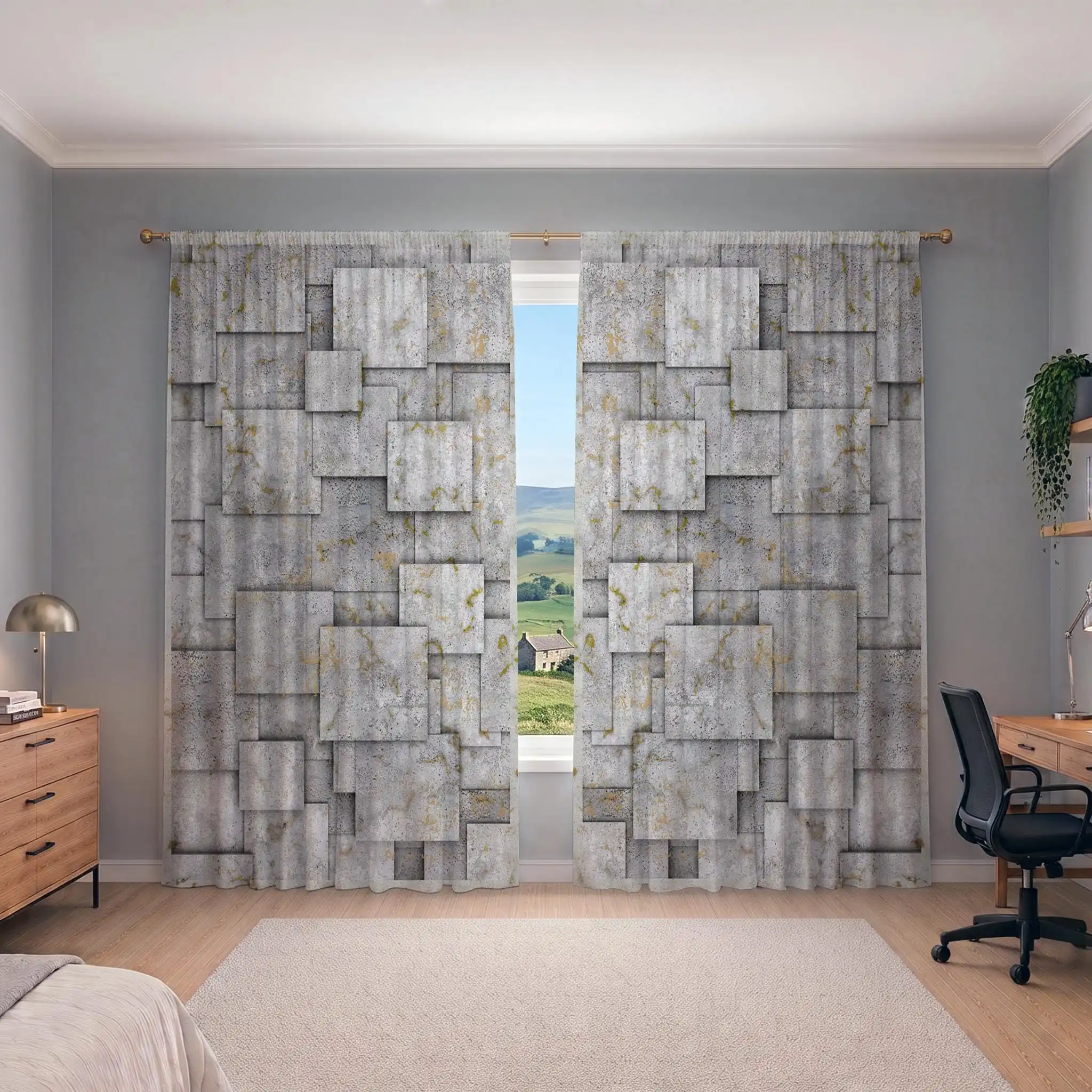Modern Geometric Stone Pattern Curtains for Living Room Home Decor Light Filtering Window Drapes