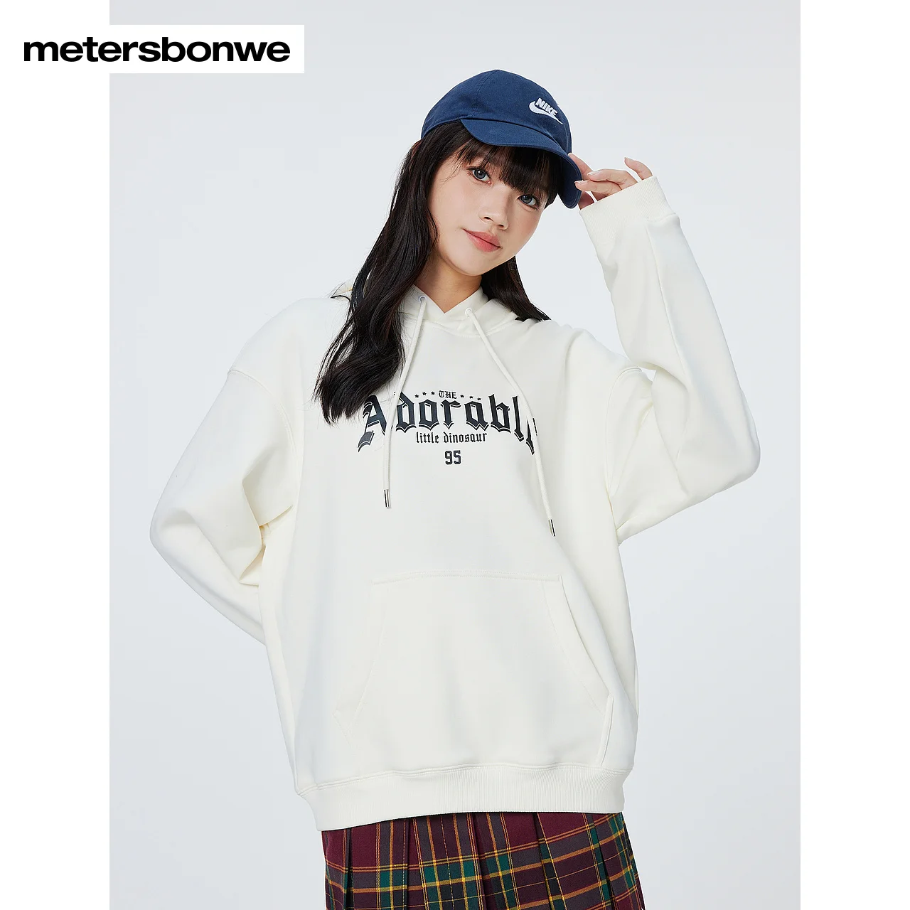 

Metersbonwe-Women's Thick Fleece Hoodie Letter Print Loose Pullover With Hood Christmas Red Campus College Winter Wear