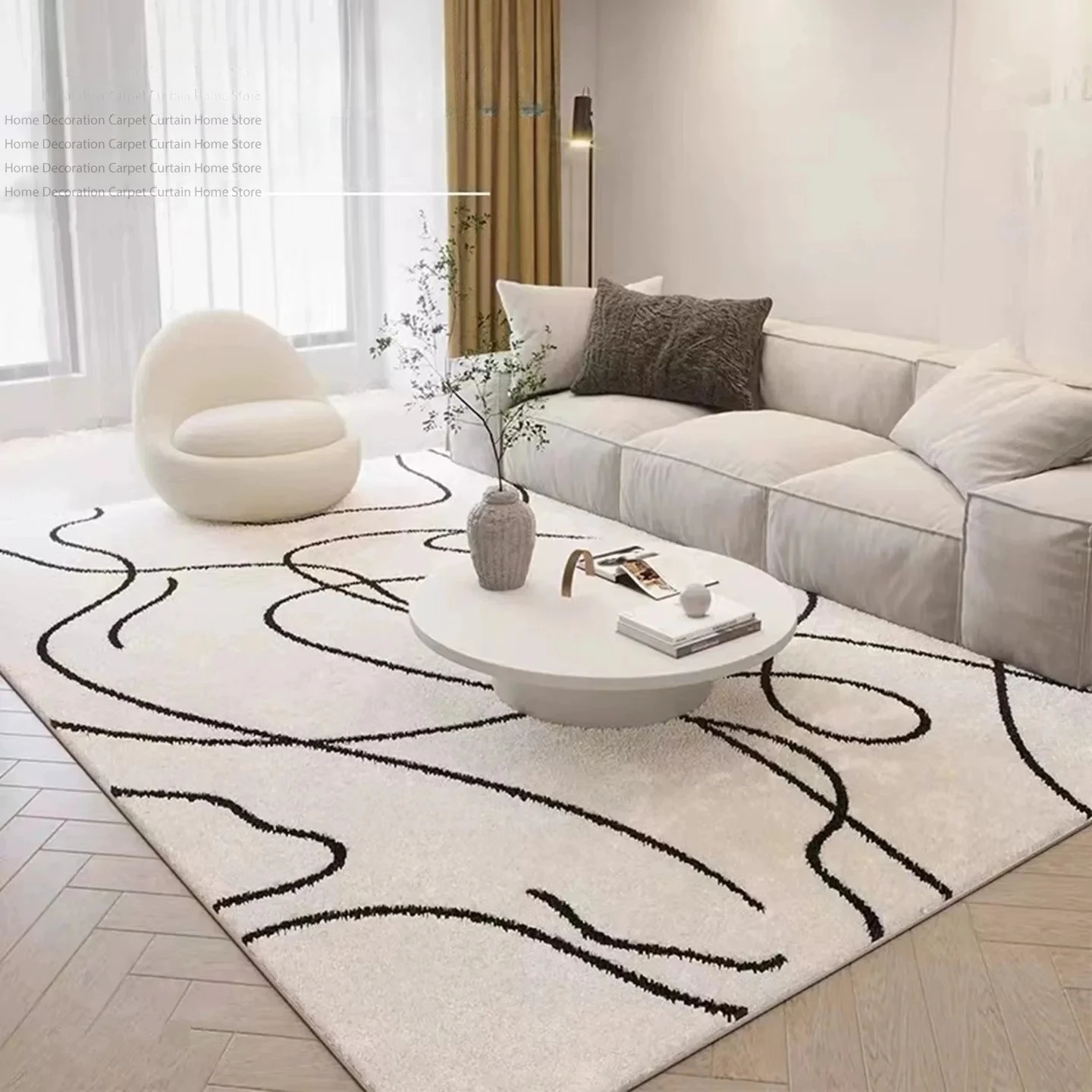 Modern Cream Black Abstract Line Plush Carpet for Living Room Minimalist Large Area Rugs Soft Fluffy Washable Bedroom Floor Mats
