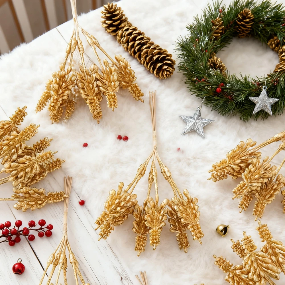 

Artificial Flowers Plant Golden Pine Home Room Christmas Tree Wedding Wreath Decor Bridal Accessory Clearance Diy Gifts Ornament