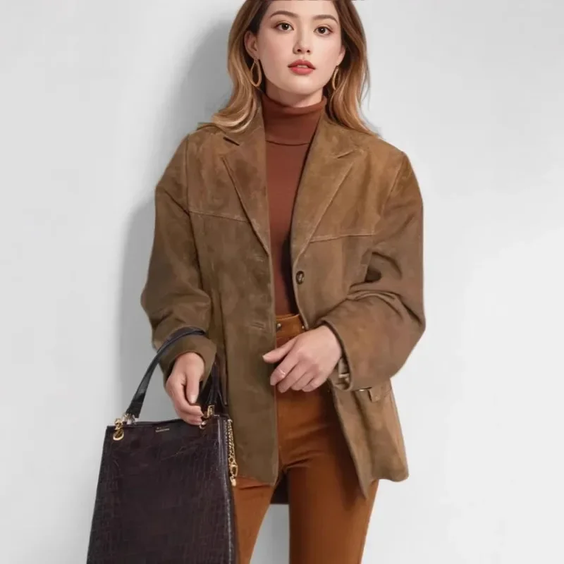 

Vintage Suede Blazer Jacket Autumn Winter Women Loose Lapel Single Breasted Coat Fashion Pockets Outwear Office Lady Short Coat