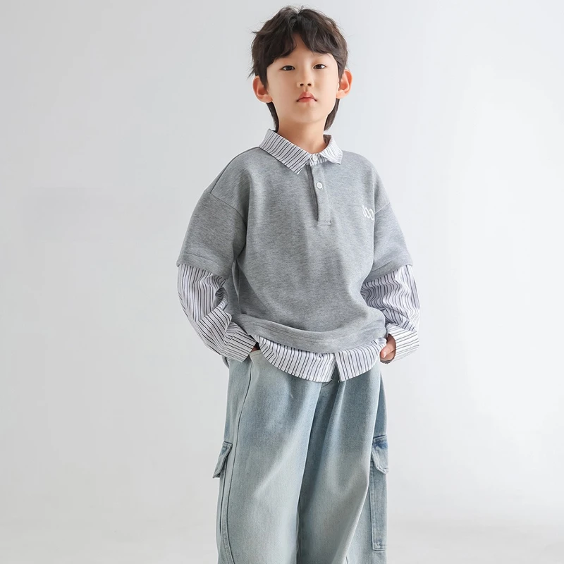 

2025 New Winter Children's Versatile Personalized Fake Two Piece Knitted Cardigan Splicing Striped Shirt