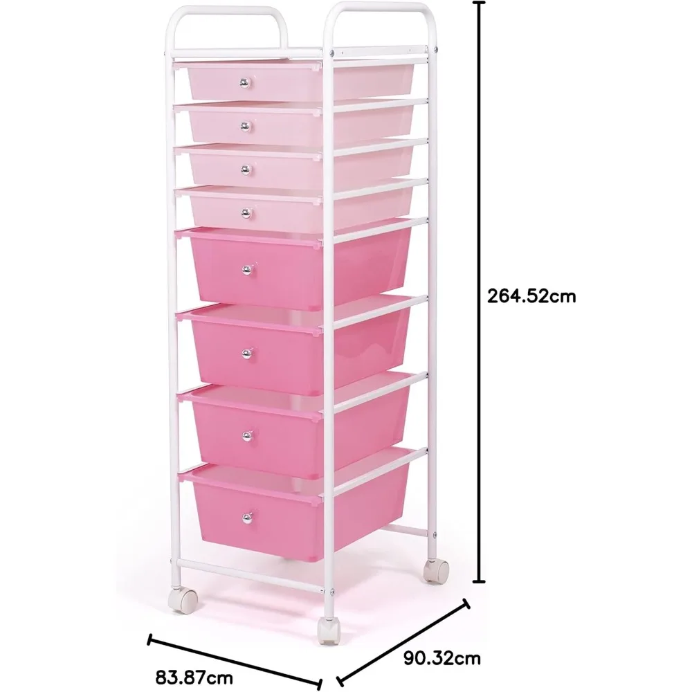عربة تخزين دوارة ذات 8 أدراج مع عجلات، عربة تنظيم بلاستيكية رفيعة للمكياج المكتبي والمدرسة، إطار معدني وردي #3