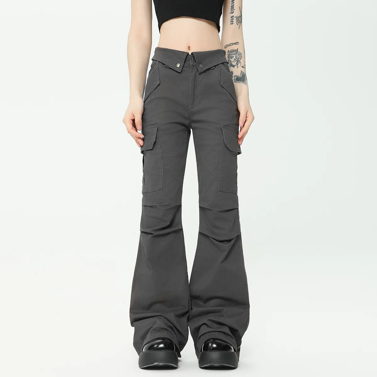 OR FL Street Trend Fold Turn Over American style 97 Cotton Women Cargo Trousers Slimming Cleanfit Wei La Slacks Wide Leg Pants