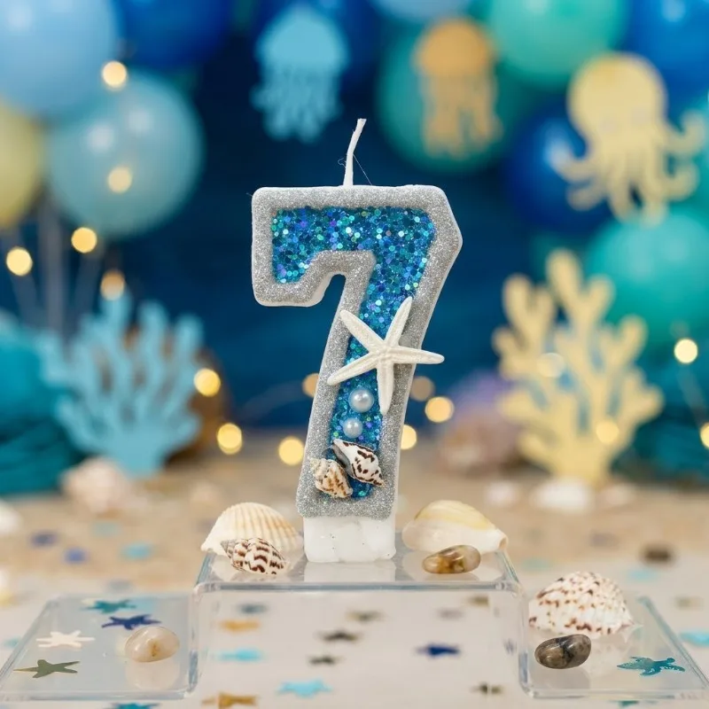 Glittery Birthday Number Candles for Party Decor Blue Starfish Birthday Candle for Baby Shower 1 Year