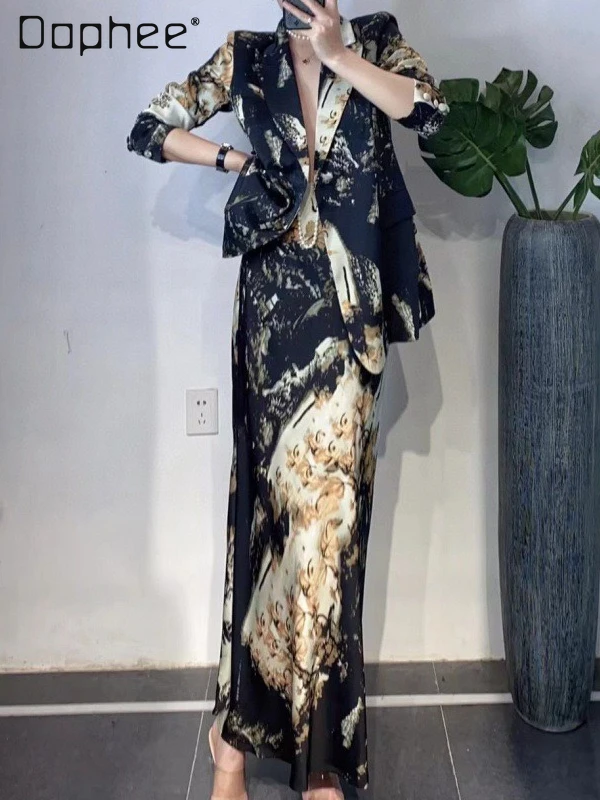 

High-end Retro Print Socialite Suit Set Cross Collar Slim Long Sleeve Blazer Split Mid-length Skirt Professional Two-piece Set