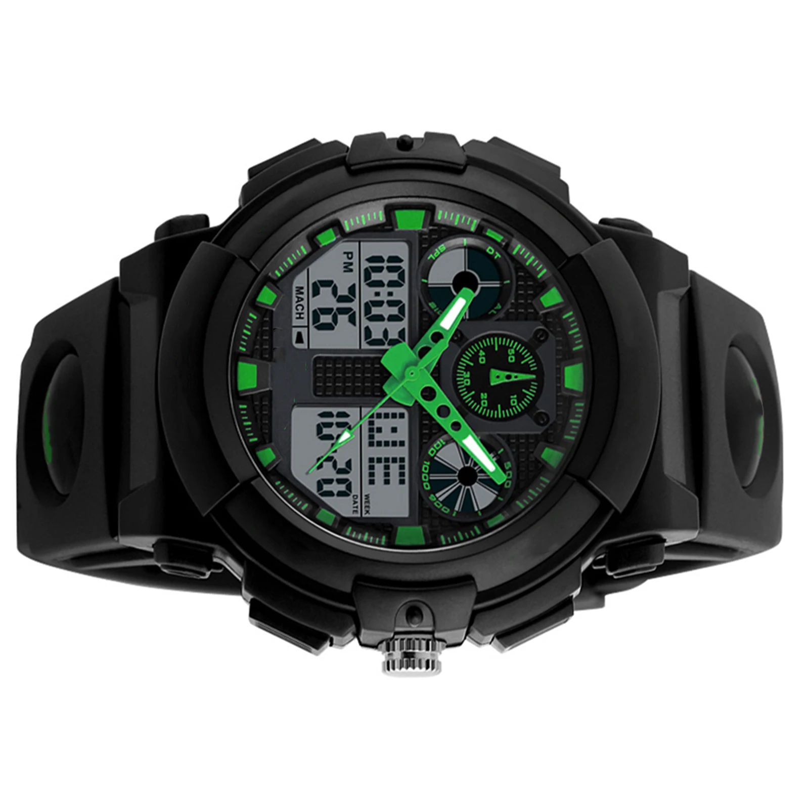 

Waterproof Men'S Digital Led Watch Dual Time Chronograph Alarm Date Week 50M Water Resistance Pu Strap Adjustable Stainless