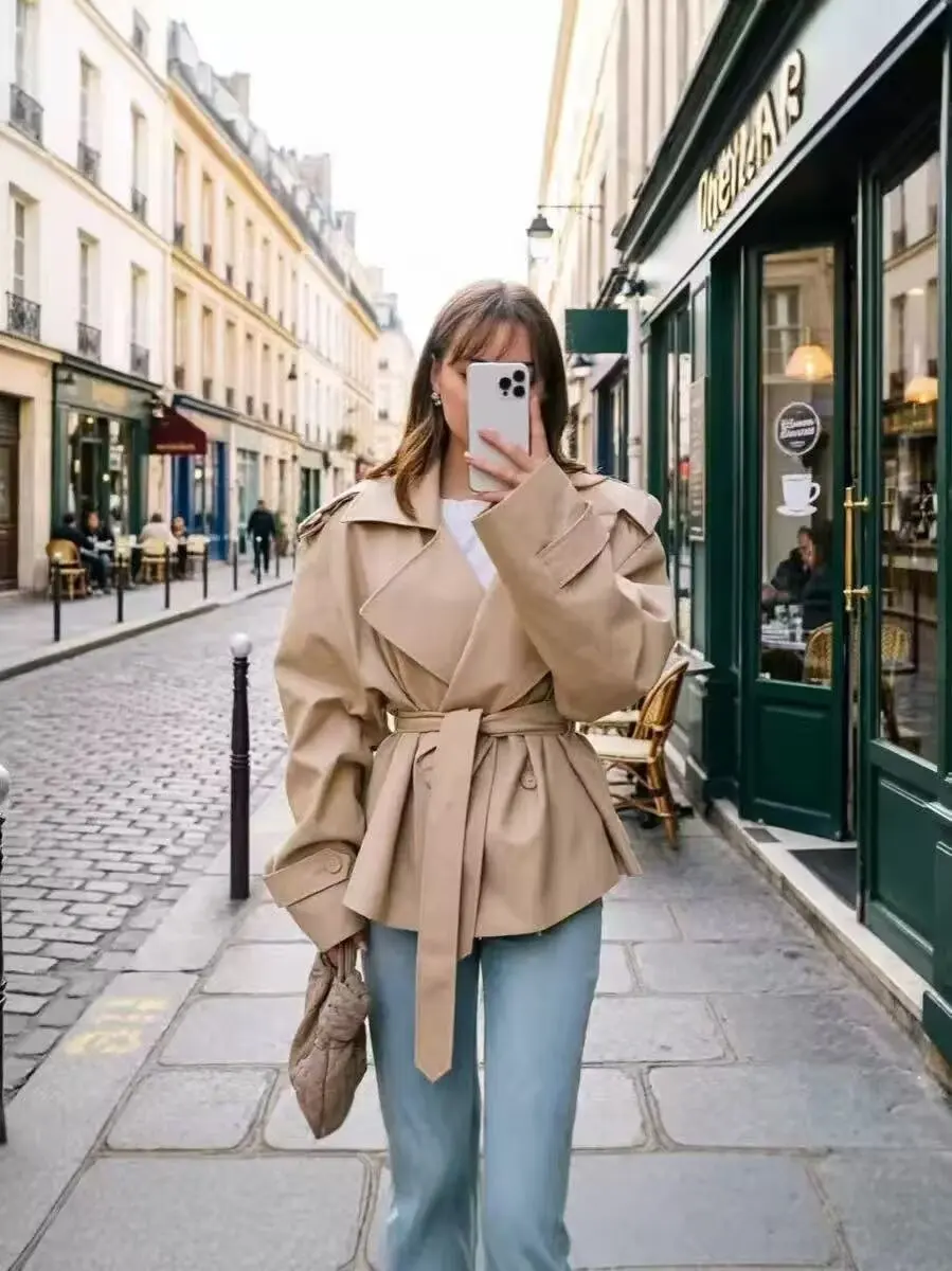 Women's Jacket 2026 New Fashion Casual Solid Color Long Sleeve with Pockets Button and Tie Decoration Elegant Street-Style
