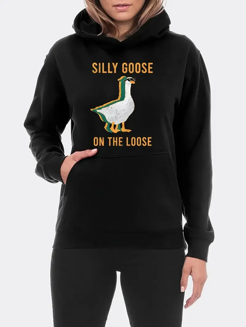 

Goose & Letter Print Casual Hooded Sweatshirt, Long Sleeves With Pocket Loose Fit Sweatshirt, Women's Clothing