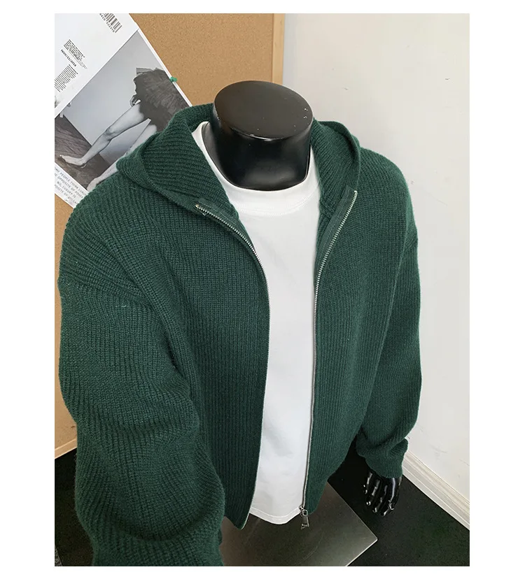 2026 New Autumn Winter Simple Solid Color Knitted Hoodie Men Japan Korean Fashion Casual Loose Double Zipper Hooded Jacket