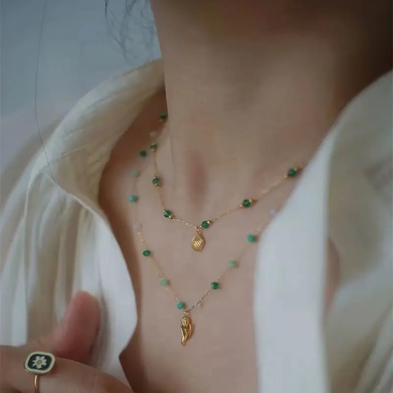 

DASEIN New Summer Shell Tulip Flower Pendant Green Jade Necklace Ins 18k Gold Plated Tarnish Free Stainless Steel Jewelry Women