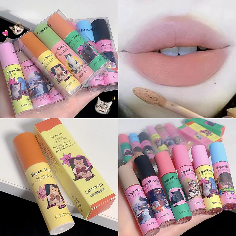 1pc Cappuvini Cute Cat Lip Mud Matte Cream Texture Lip Cream Velvet Liquid Lipstick Long Lasting Waterproof Red Lip Tint Makeup