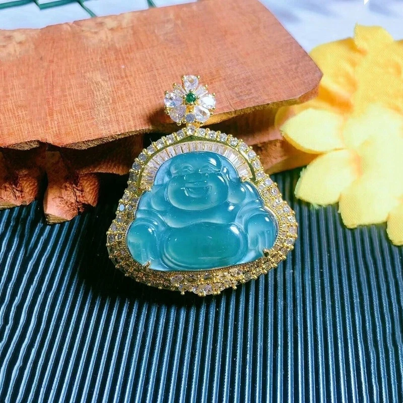 

Copper-inlaid natural A-grade jadeite ice-type Maitreya Buddha jade pendant wholesale supply
